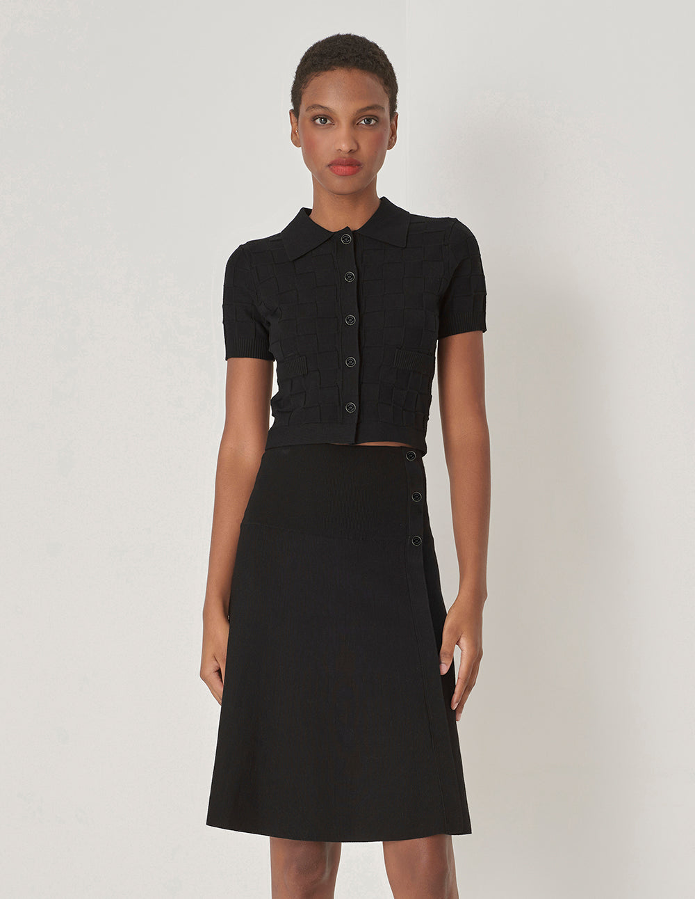 MARYLING Black Lapel Short Sleeve Knit Cardigan