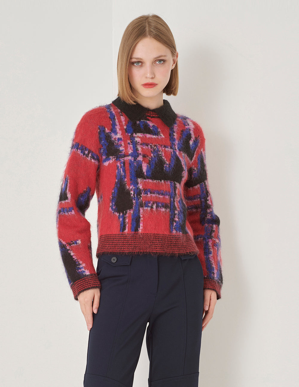 MARYLING Lapel Red And Blue Puzzle Knit Sweater