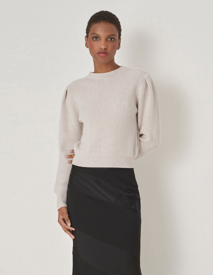 MARYLING Beige Round Neck Puff Sleeve Knitted Pullover