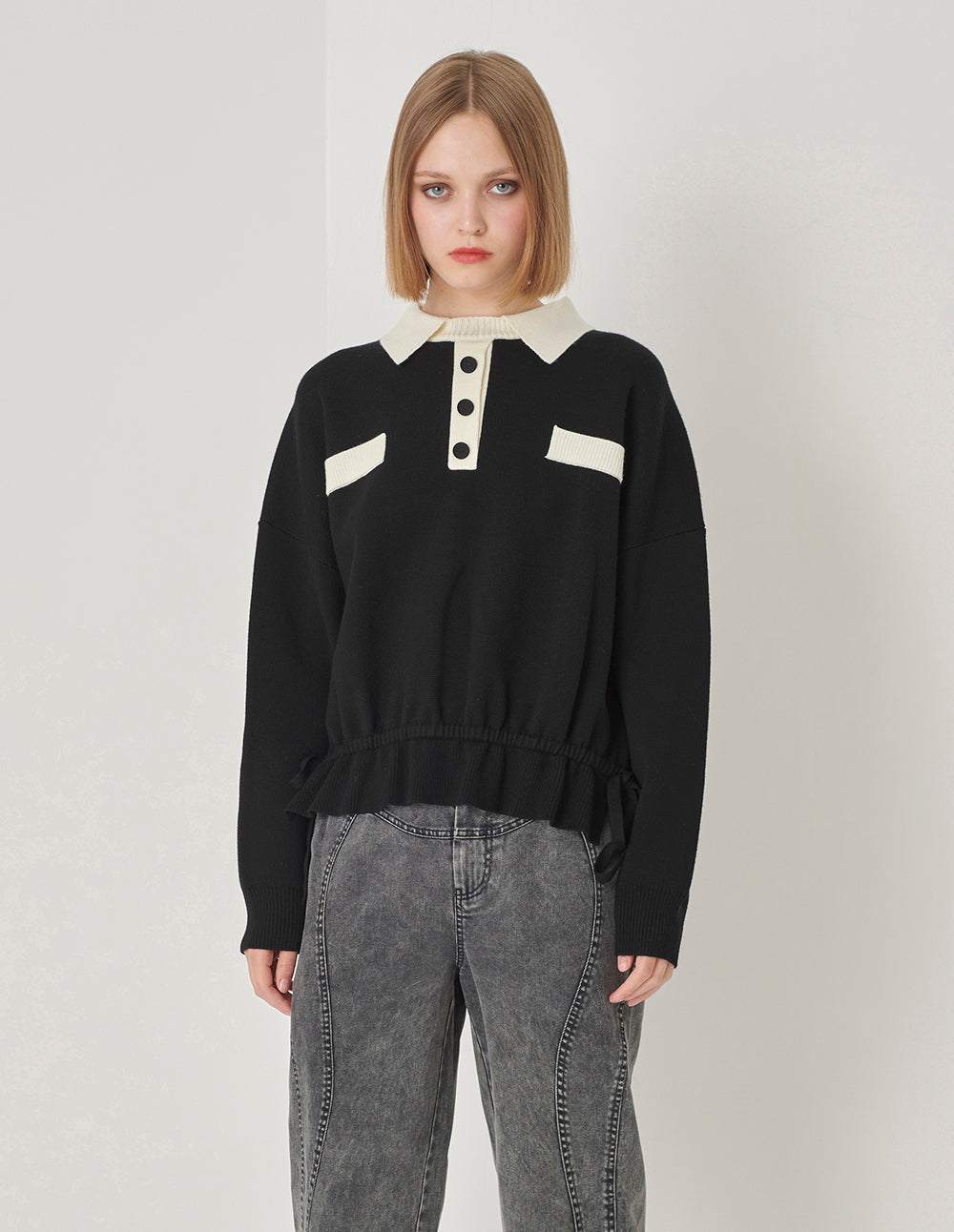 MARYLING Black And White Contrast T-Shirt Collar Knitted Pullover