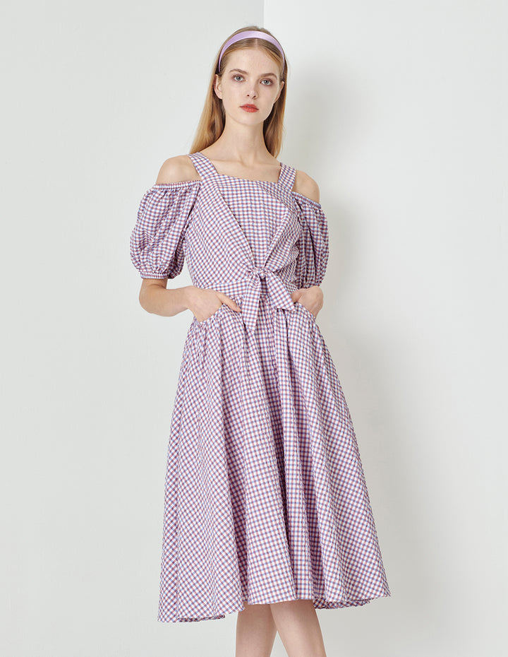 MARYLING Light Purple Checkered V-Neck Puff Sleeves Bowknot Decorated Dress