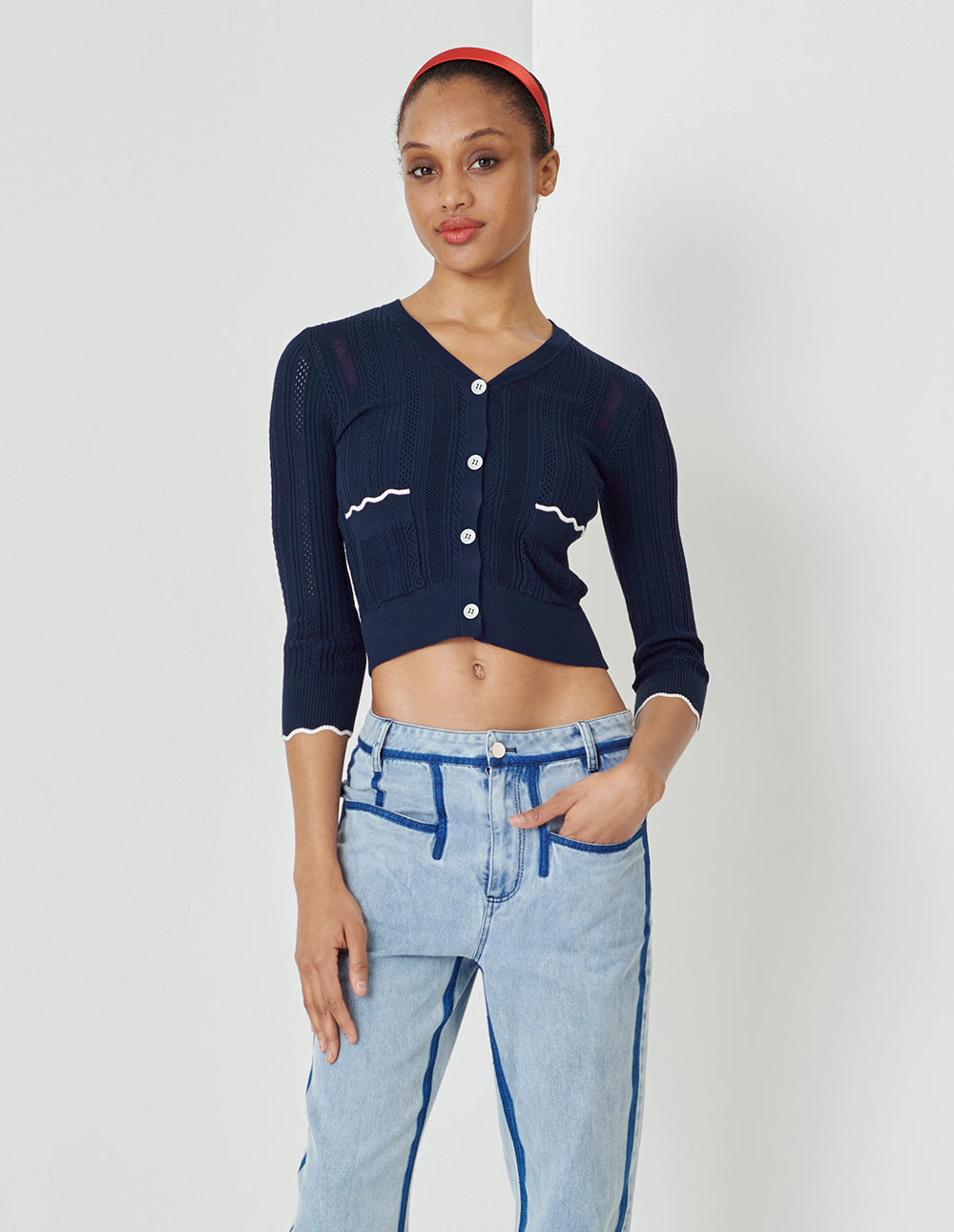 MARYLING Midnight Blue V-Neck Knit Cardigan