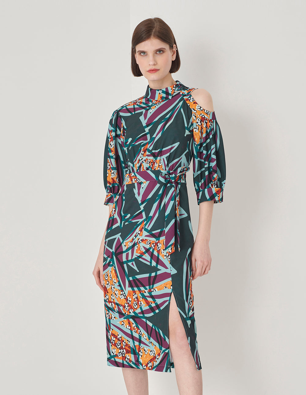 MARYLING Asymmetric Collar Cover Hip Straight Print Dress