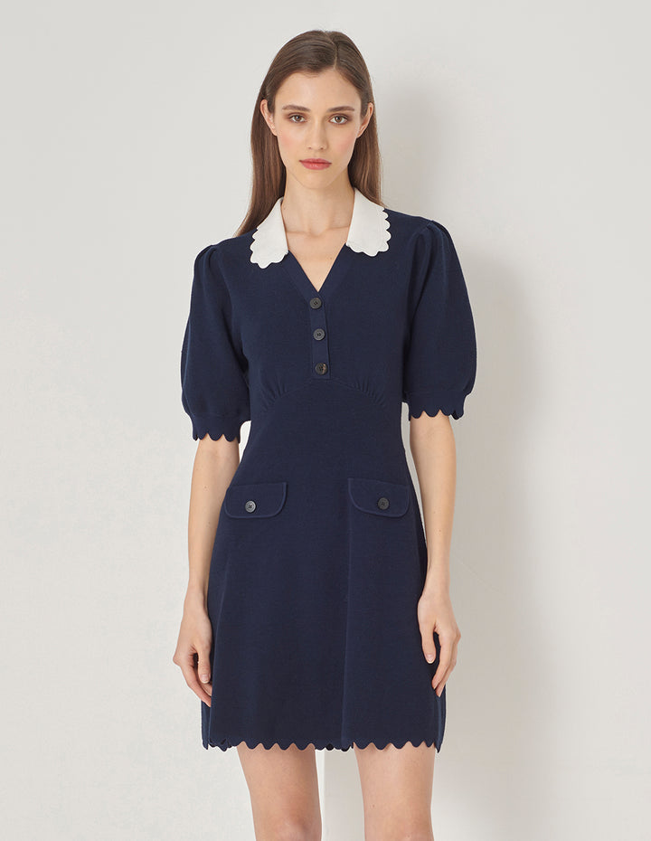 MARYLING Blue And White Paneled Wavy Trim Wool Dress
