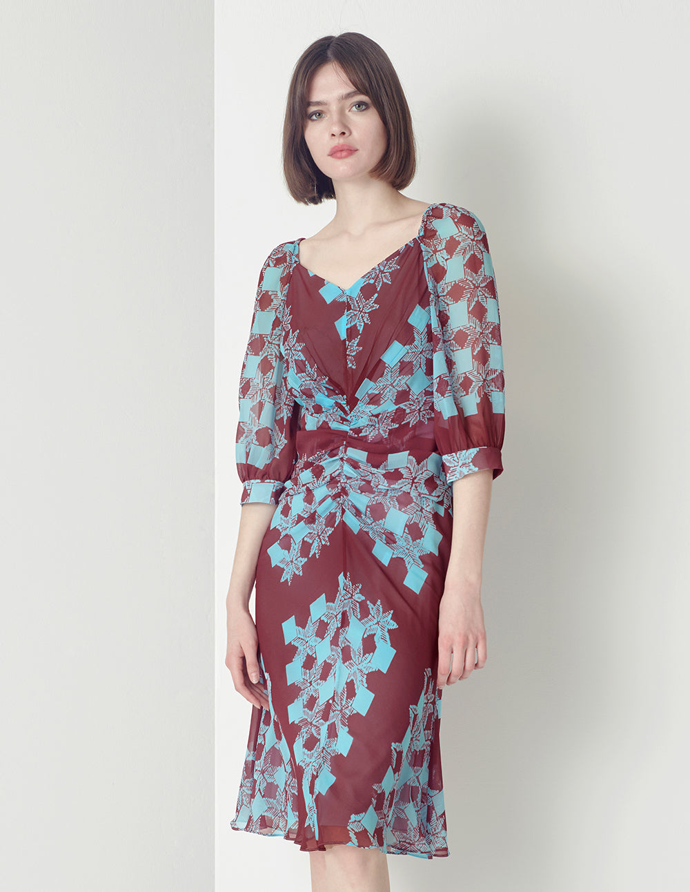 MARYLING Gathered Front Fishtail Print Dress