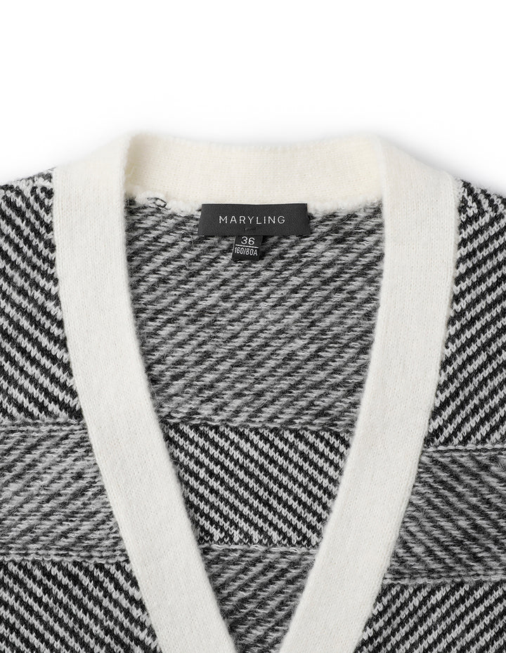 MARYLING Gradient Light Gray Patterned Waisted Knitted Long Coat