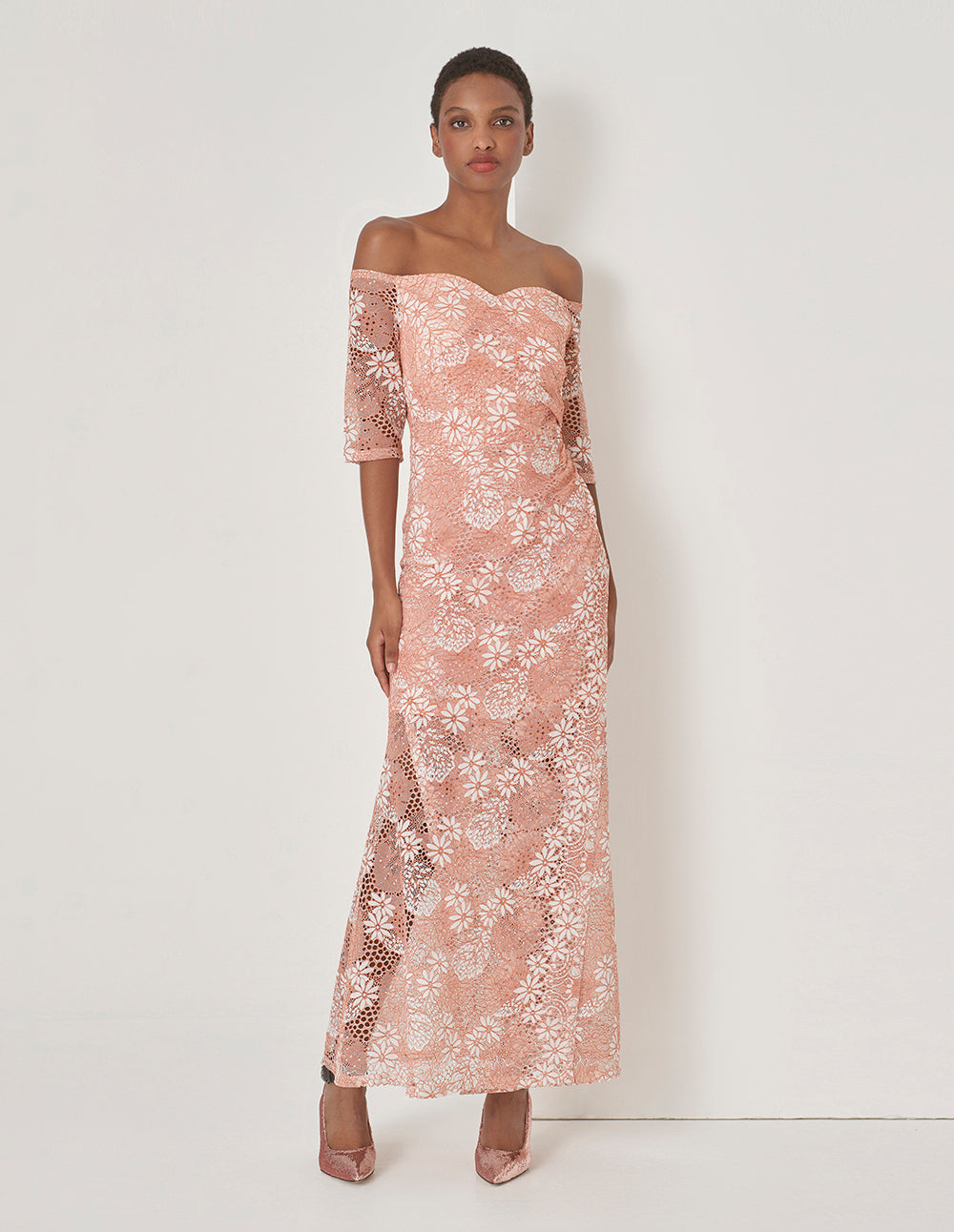 MARYLING Pink One-Line Neckline Fishtail Lace Dress