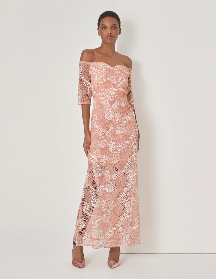 MARYLING Pink One-Line Neckline Fishtail Lace Dress