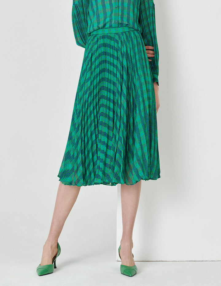 MARYLING  Blue And Green Square Print Houndstooth Pleated Skirt