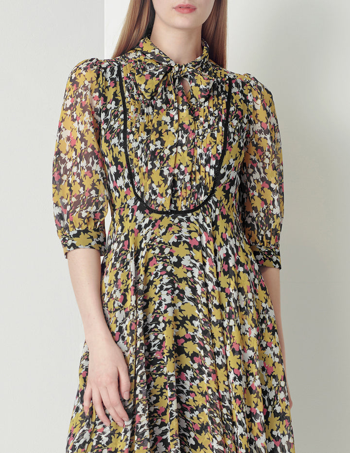 MARYLING V-Neck Tie Puffed Sleeves Print Dress