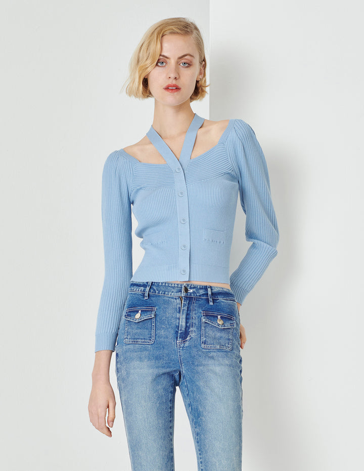 MARYLING Foggy Blue V-Neck Knitted Cardigan