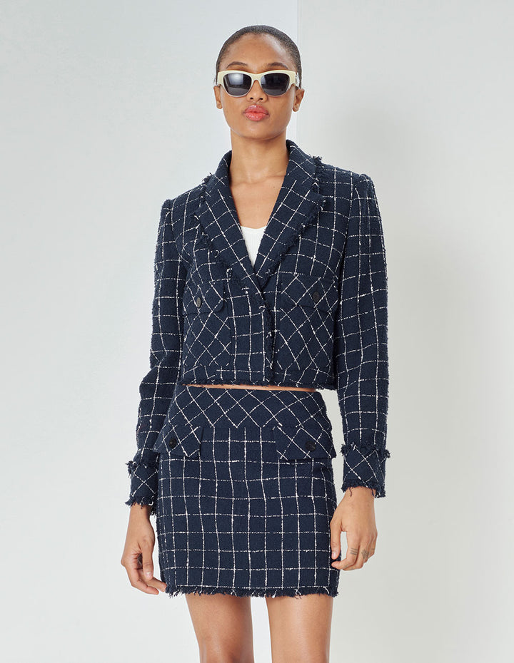MARYLING Lapel Collar Single-Breasted Cropped Blue Blazer