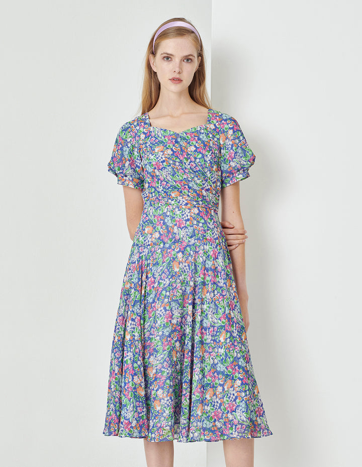 MARYLING Colourful Underwater Garden Square V-Neck Pinched Print Dress