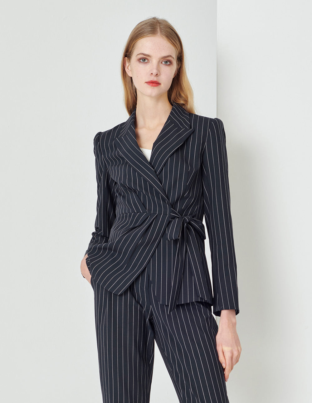 MARYLING  Blue Bottom White Striped Lapel Wrap Detail Striped Suit Jacket