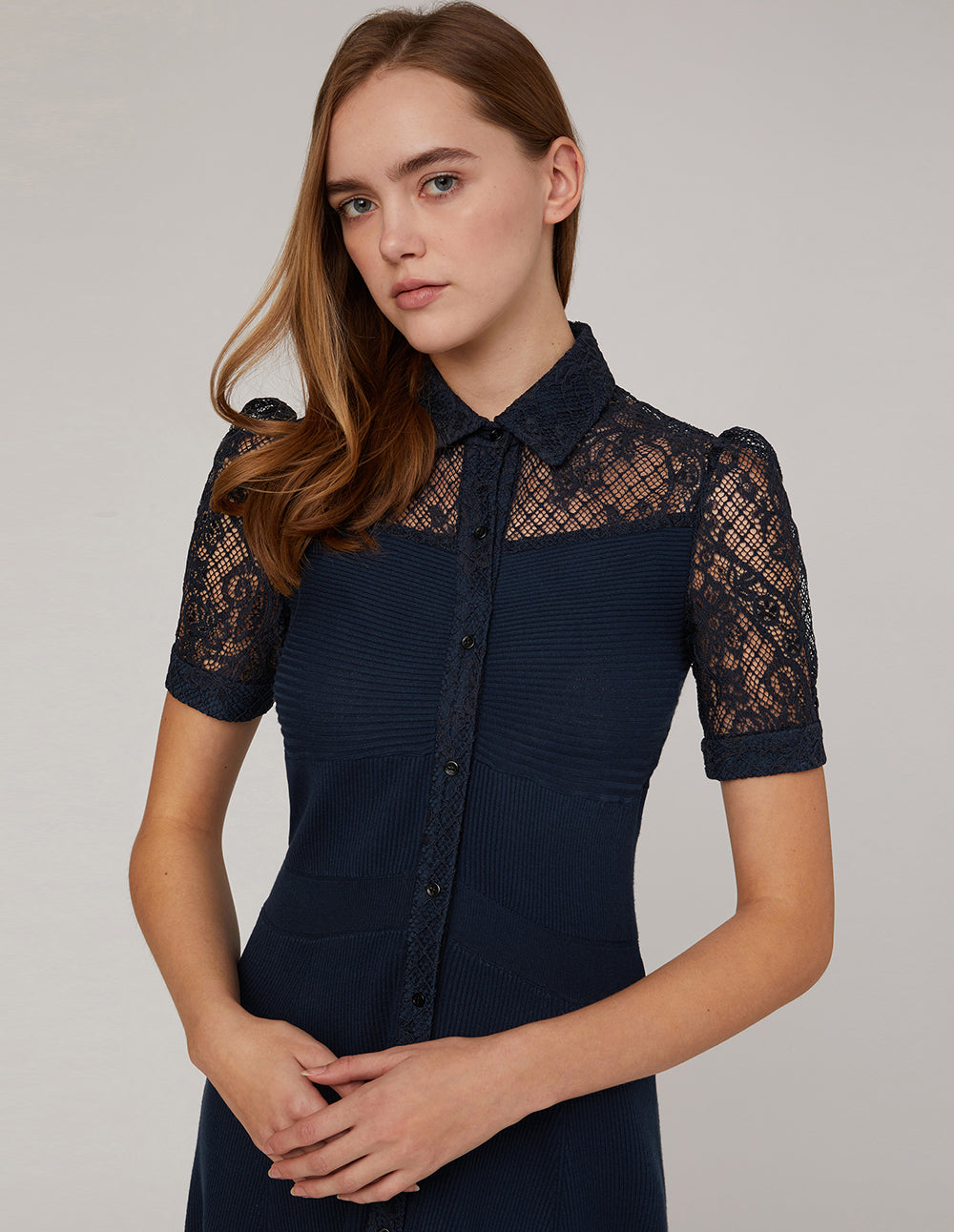 MARYLING Lace shirt-collar stitching woolen dress