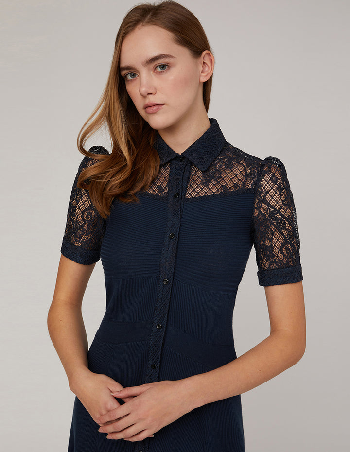 MARYLING Lace shirt-collar stitching woolen dress
