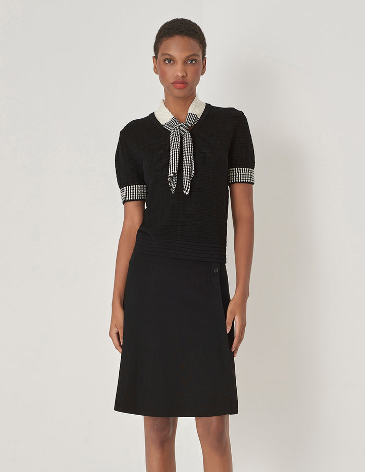 MARYLING Black And White Tie Design Knitted Short-Sleeved Pullover