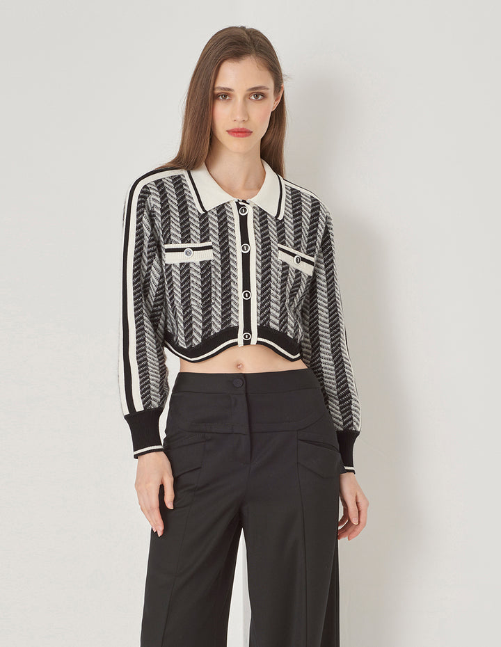 MARYLING Black Gray Small Lapel Knit Cardigan