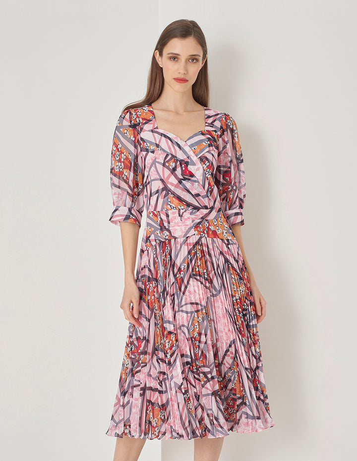 MARYLING Peach Blossom Square V Neck Cross Pleated Print Dress