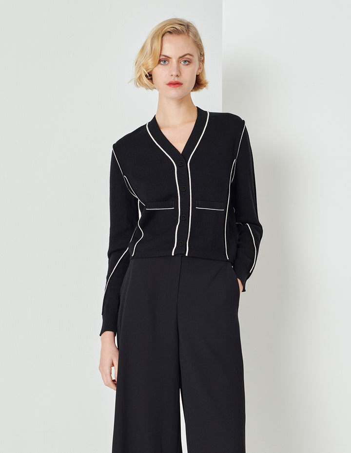 MARYLING Black Lapel Short Puff Sleeve Double-Breasted Knitted Cardigan