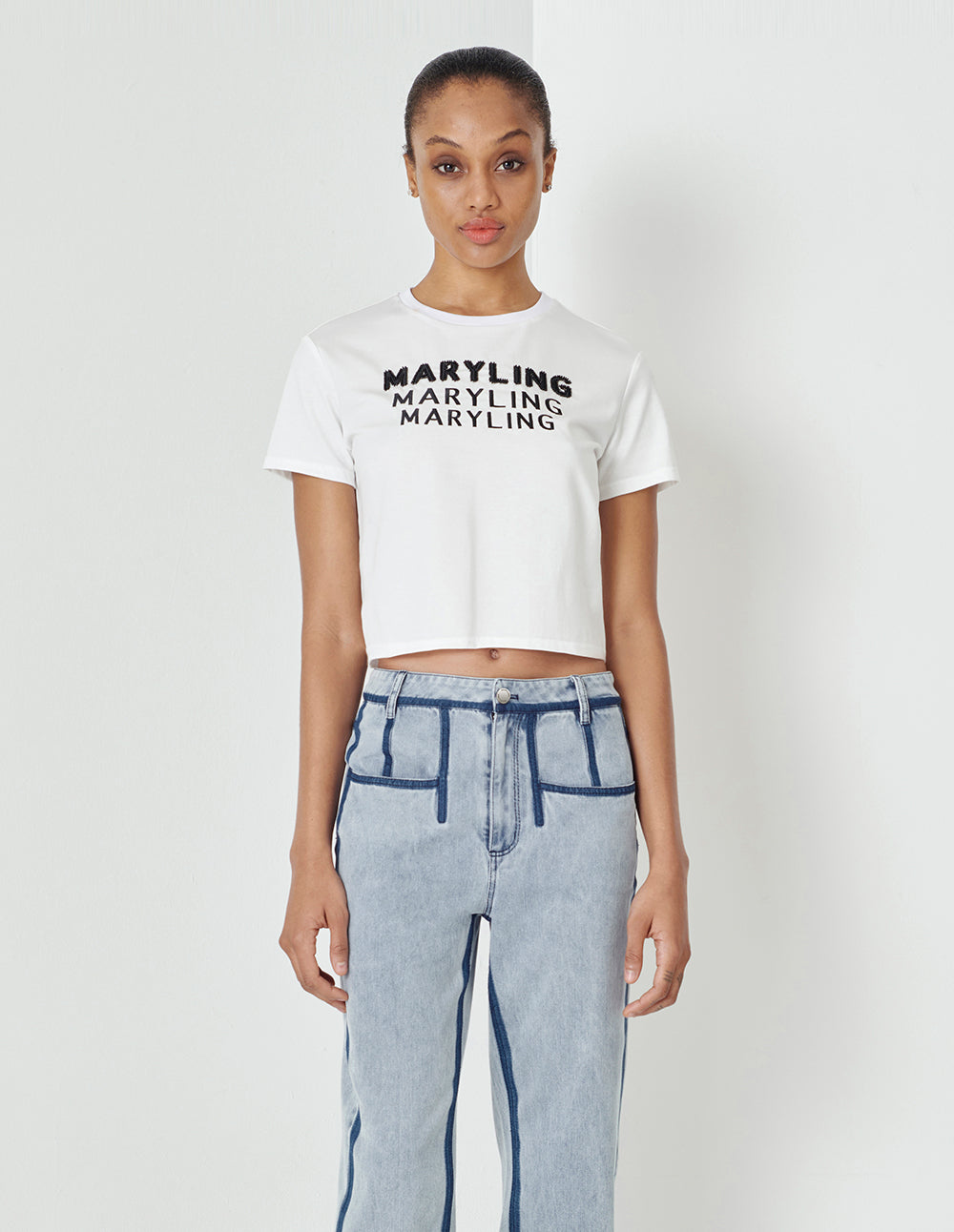 MARYLING White Beaded Logo Cropped T-Shirt