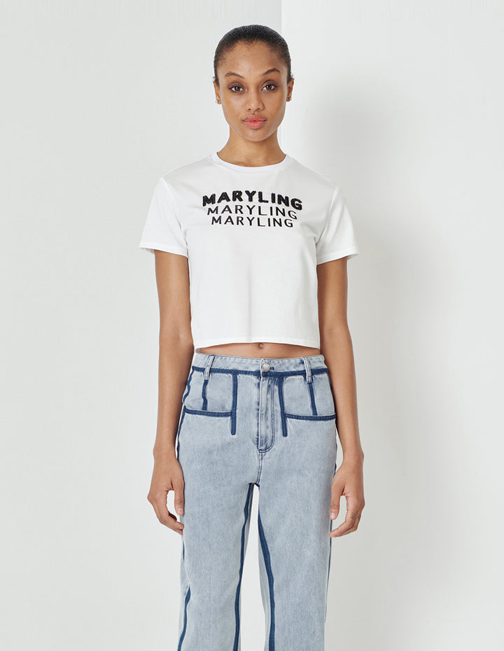 MARYLING White Beaded Logo Cropped T-Shirt