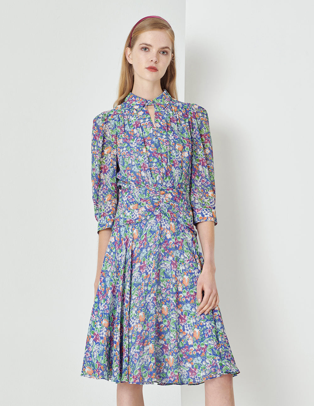 MARYLING Colour Shirt Collar Waist Pleated Puff Sleeve Dress