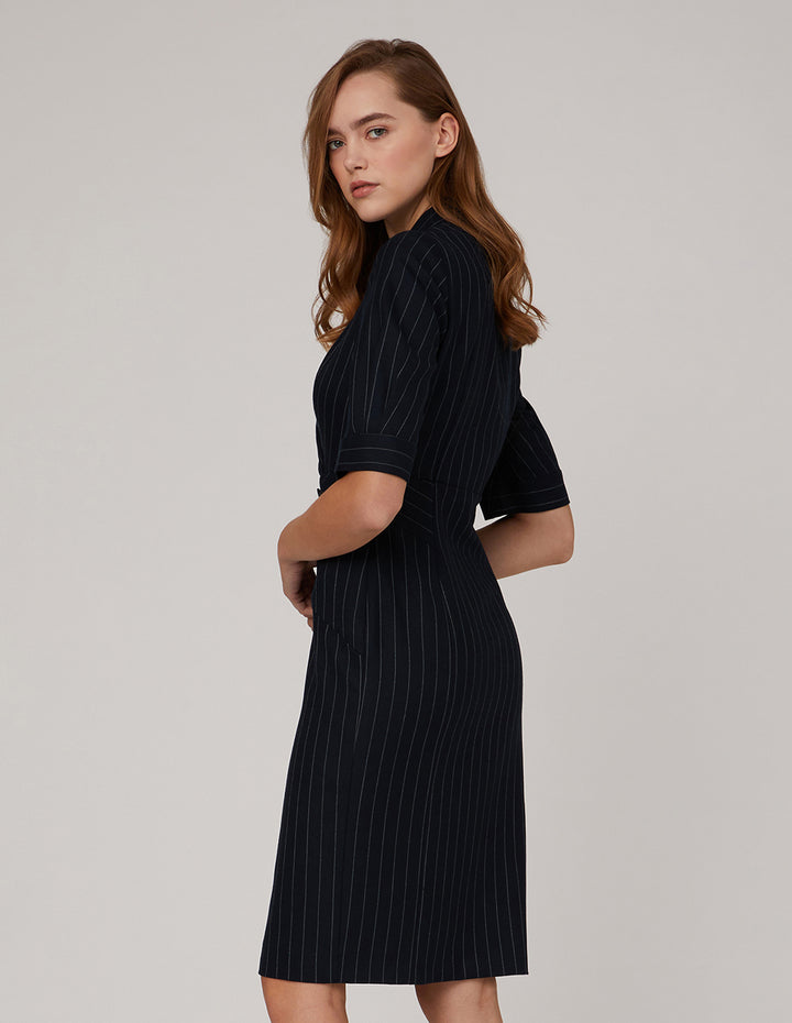 MARYLING Peak Lapel Three-Quarter Sleeve Stripe Dress