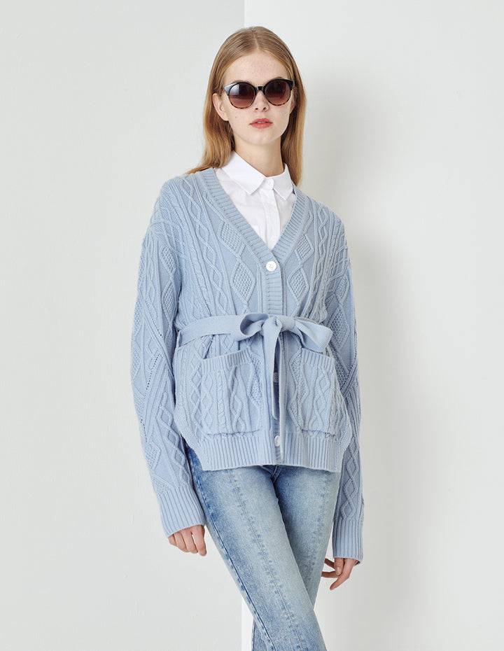 MARYLING Foggy Blue V-Neck Tied Waist Double Bag Knitted Cardigan