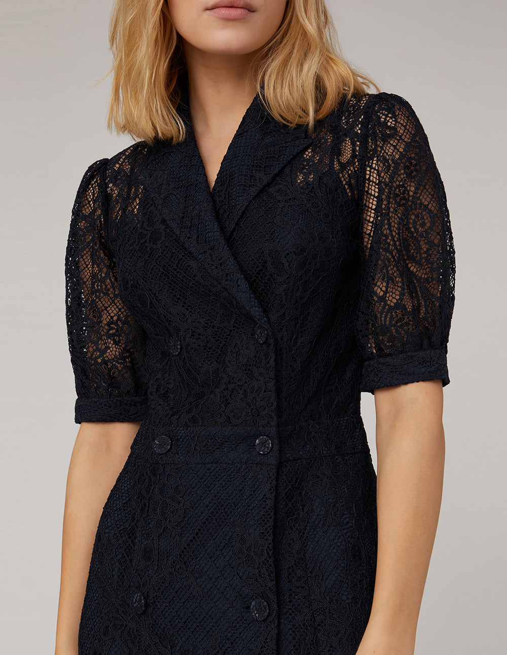 MARYLING Peak-Lapel Midi Lace Dress