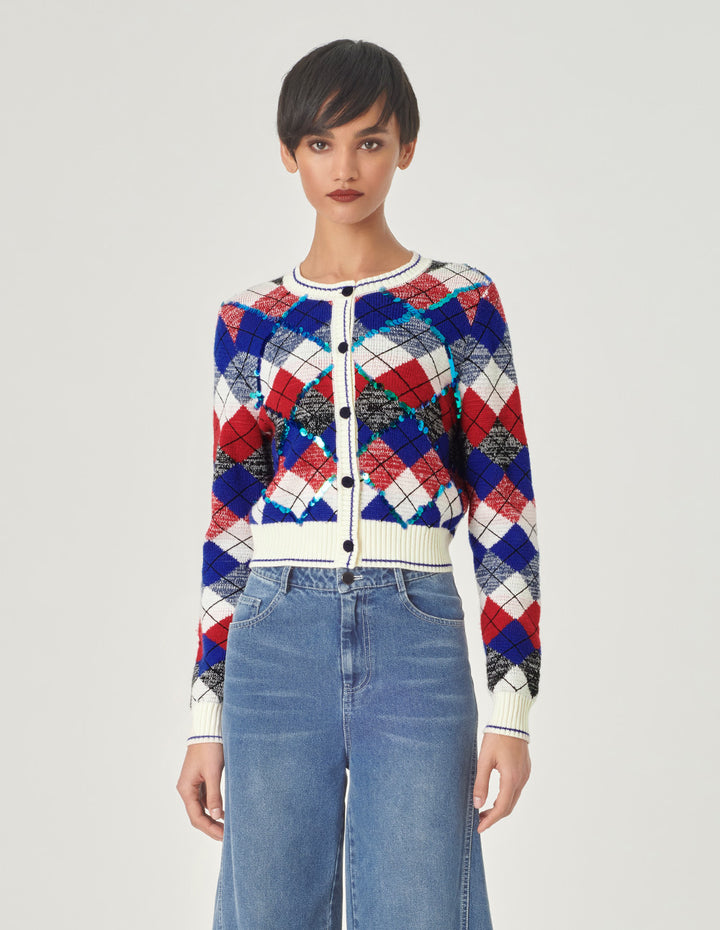 MARYLING Diamond Check Round Neck Knitted Cardigan