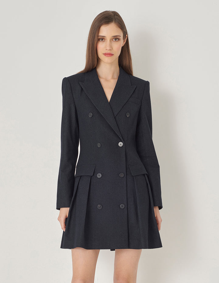 Maryling Navy Striped Double-Breasted Button-Down Dress With Pointed Collar