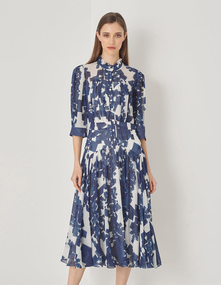 MARYLING Blue And White Grit Georgette Long Sleeve Dress