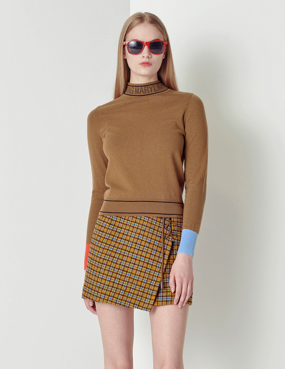 MARYLING Blue camel plaid wearing rope mini small A skirt