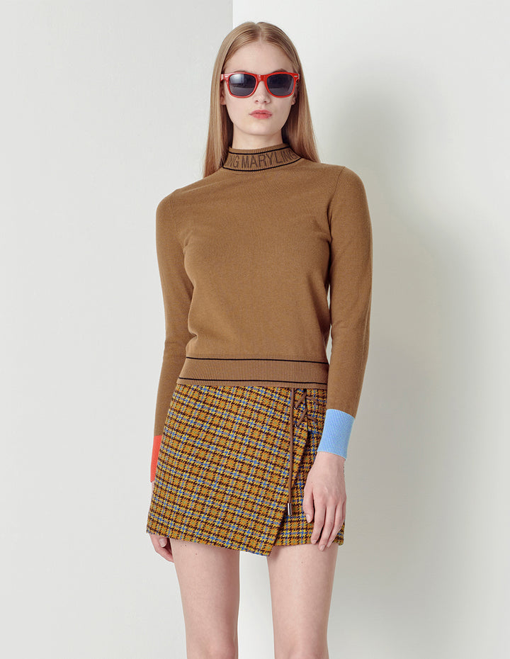 MARYLING Blue camel plaid wearing rope mini small A skirt