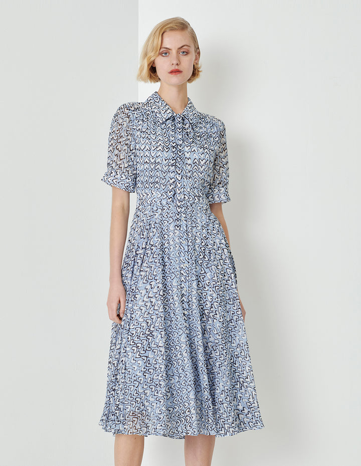 MARYLING Blue Heart Print Tie Bow Shirt Dress