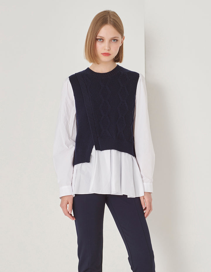 MARYLING Blue And White Asymmetric Knit Woven Sweater