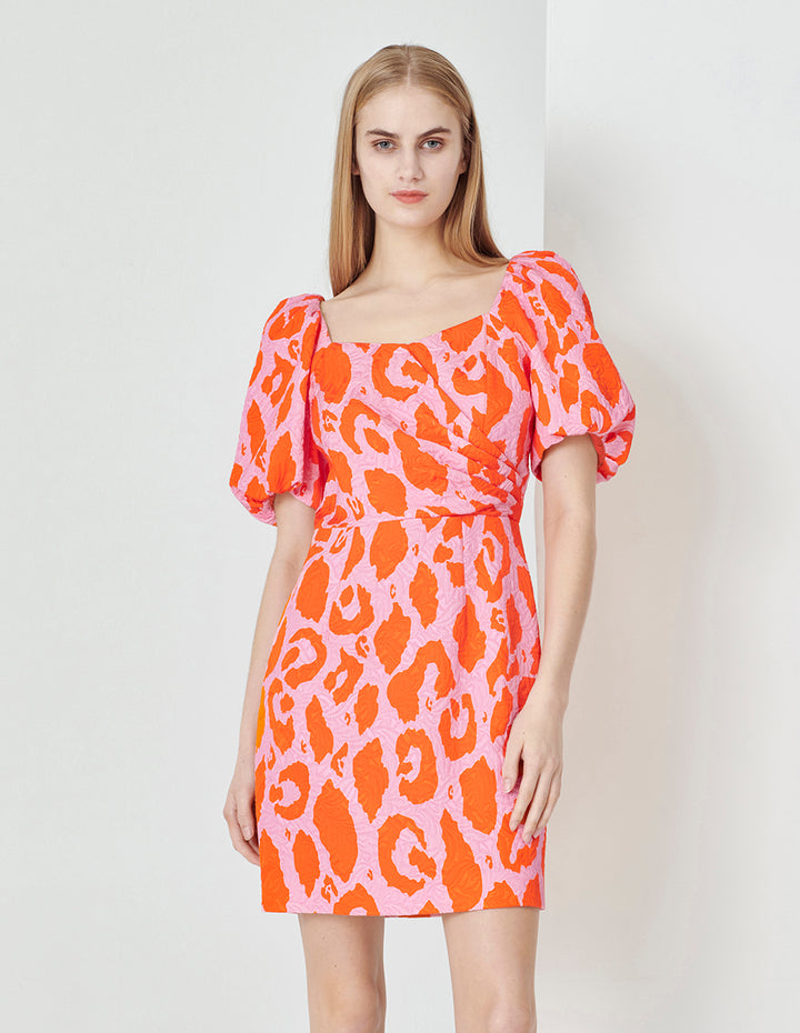 MARYLING Square Neck Puff Sleeve Jacquard Dress