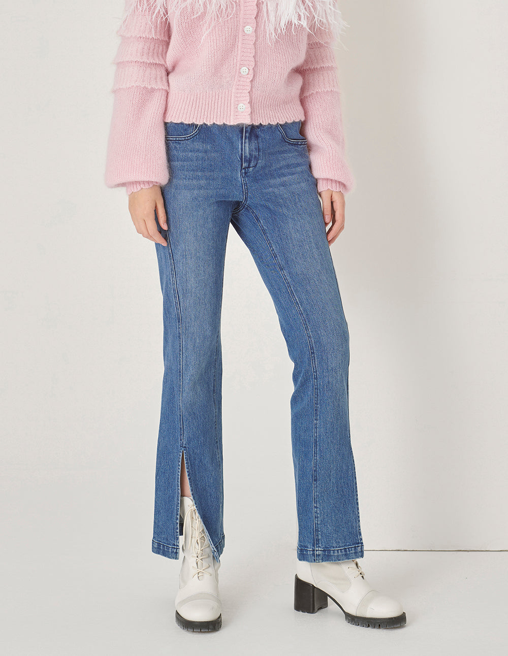 MARYLING Blue Denim Bootcut Jeans With Slit Hem