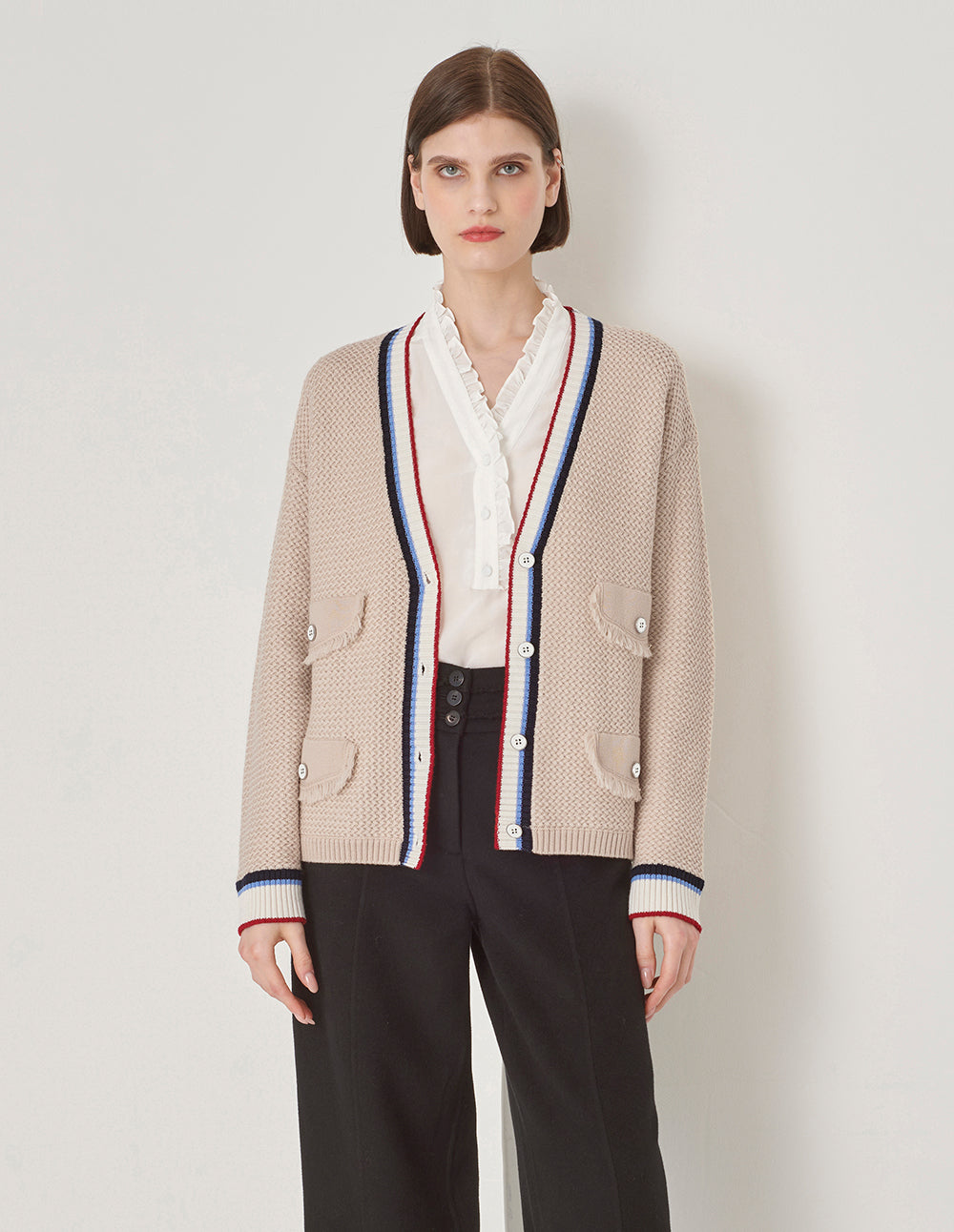 MARYLING Sand Multi-Pocket Stripe Clash Cardigan