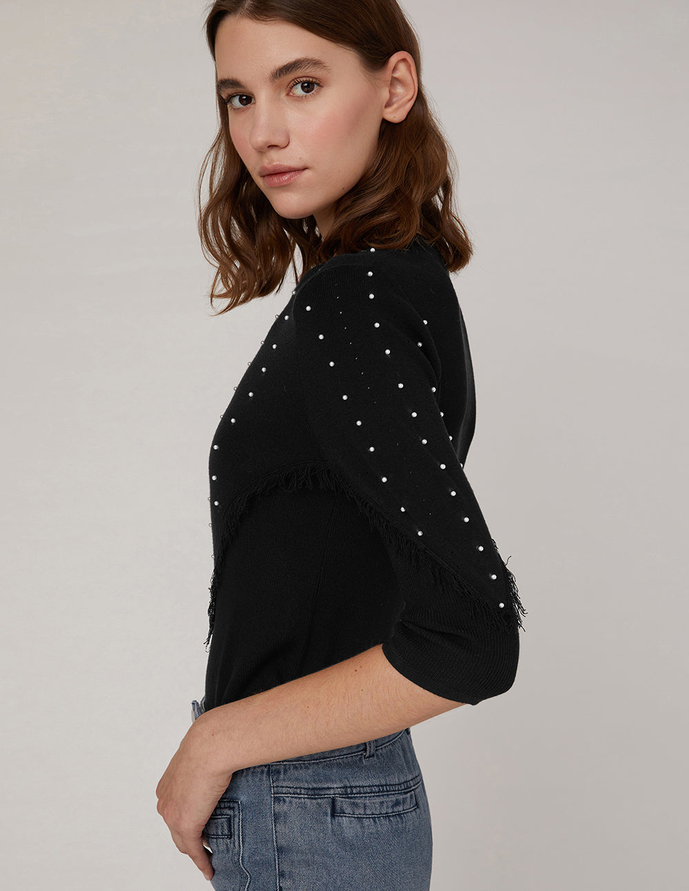 MARYLING V shape round neck middle sleeves knit top