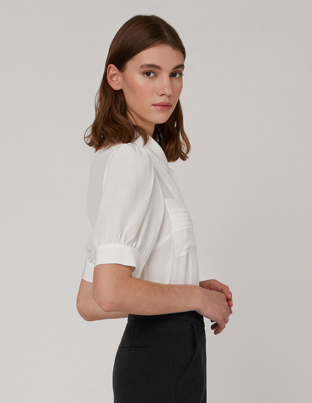MARYLING Pleated Design Chest Pocket And Puff Sleeves