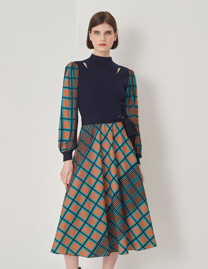 MARYLING Art Cube V Neck Knit Woven Dress