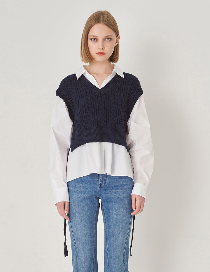 MARYLING Blue And White Contrast Knit Woven Matching Sweatshirt