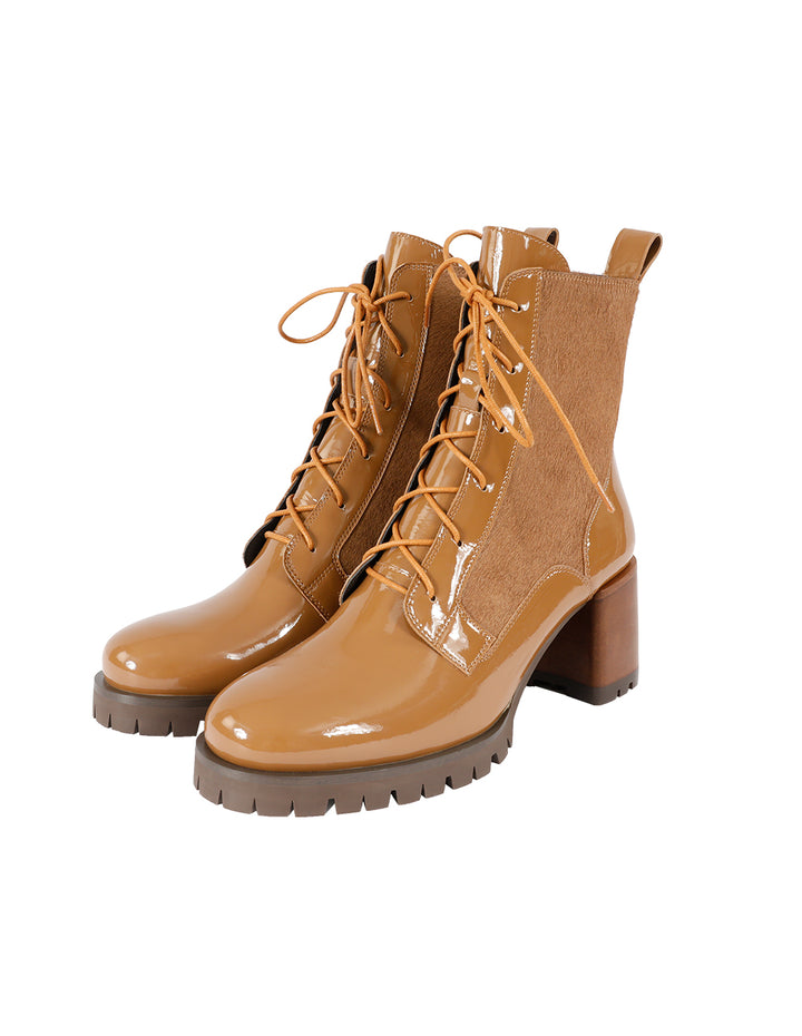 MARYLING PATENT TEXTURED LACE-UP BOOTS