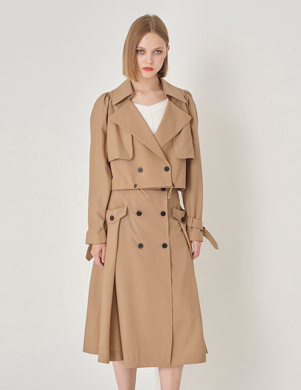 MARYLING Sand Yellow Hem Drawstring Cropped Trench Coat