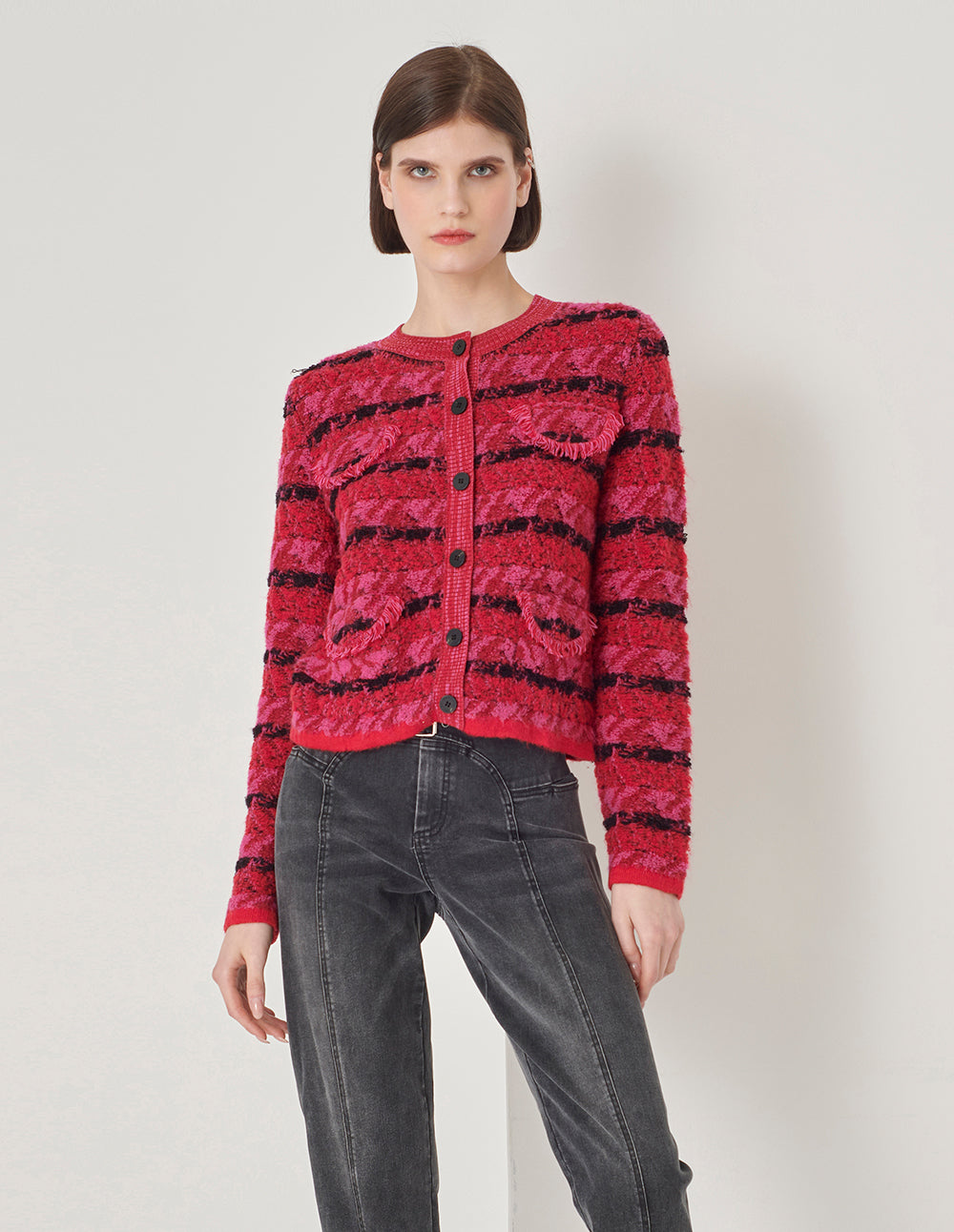 MARYLING Raspberry Plaid Knitted Cardigan