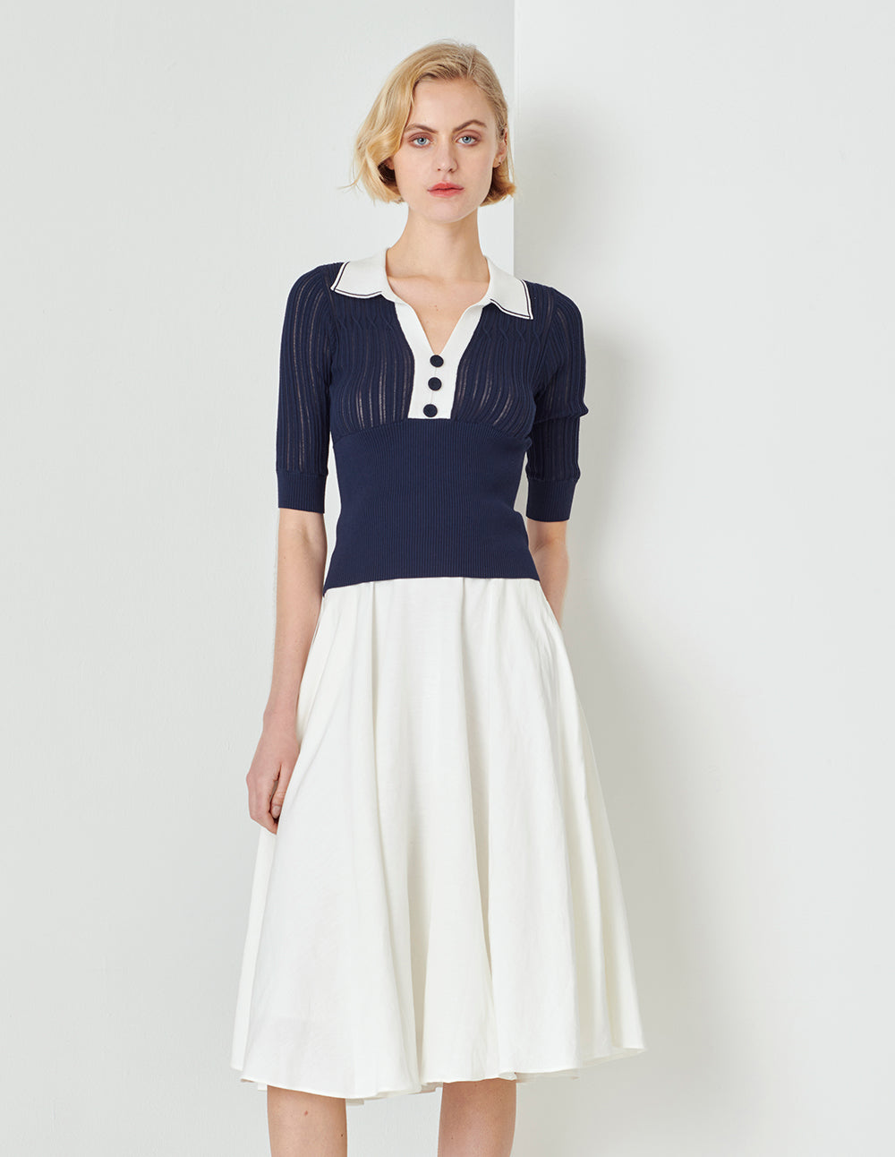 MARYLING Midnight Blue Polo Shirt Collar Colour block Knit Sweatshirt