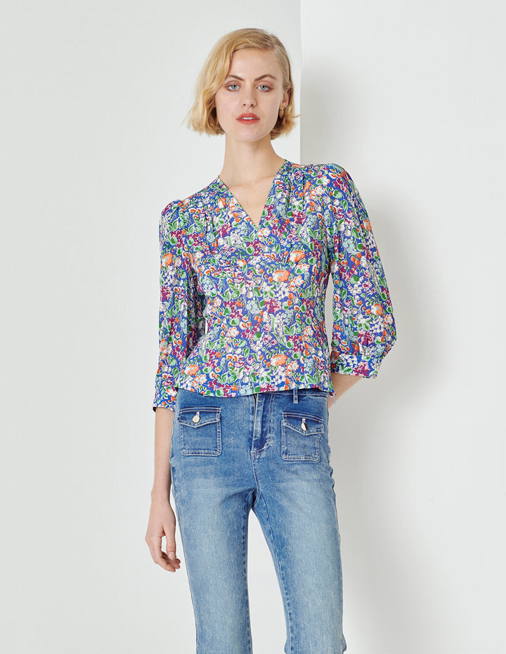 MARYLING Colourful underwater garden V-neck long-sleeved silk top