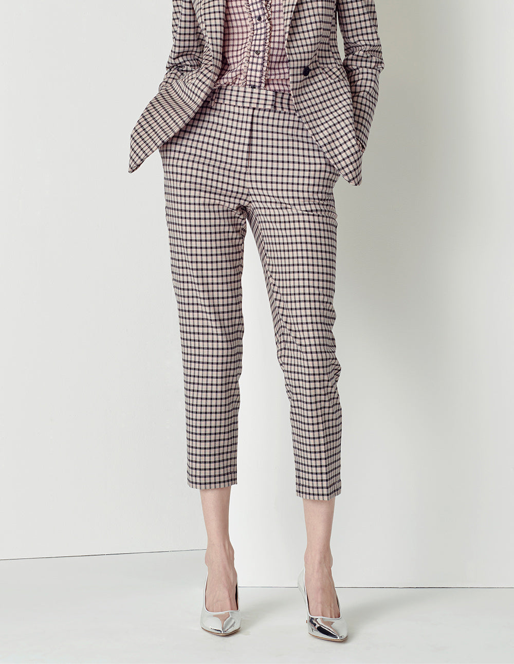 MARYLING Black and pink plaid houndstooth nine-point suit pants
